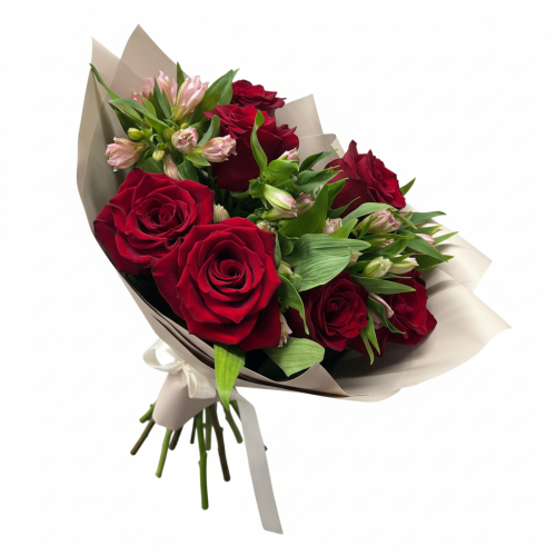 Букет «Праздник» из красных роз и розовых альстромерий Зеленогорск Красноярский край