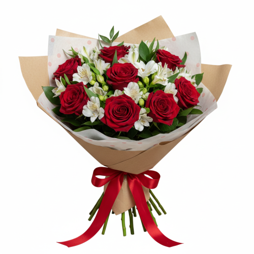 Букет «Восторг» из красных роз и белых альстромерий Зеленогорск Красноярский край