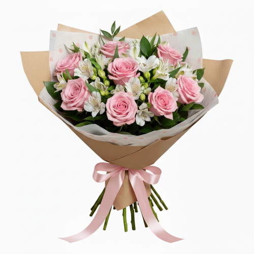 Букет «Очарование» из розовых роз и белых альстромерий Зеленогорск Красноярский край